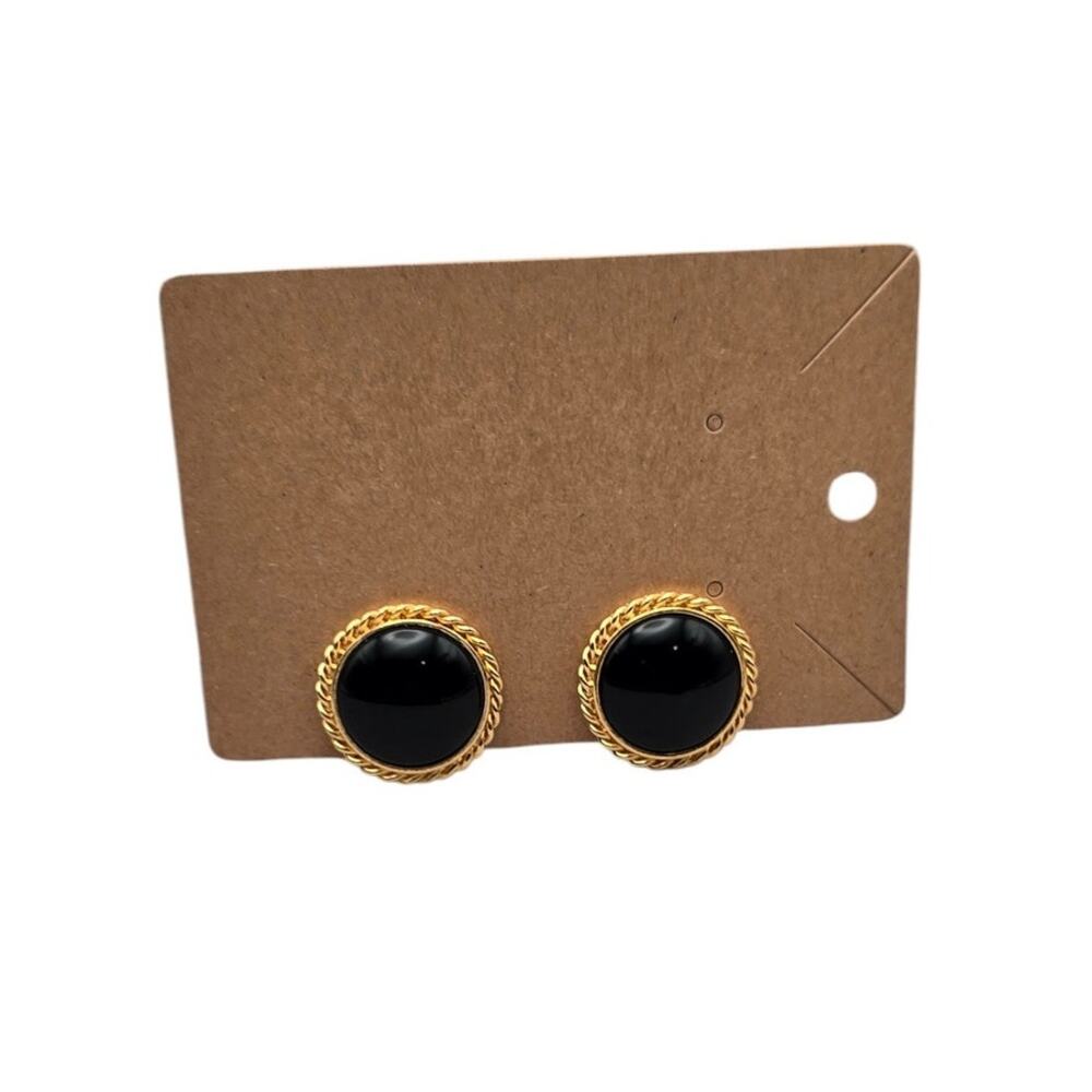 Black Cabochon Gold Tone Clip On Earrings Bold Classic Statement Minimal Elegant